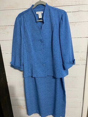 Miss Dorby Blue Textured Floral Skirt Suit Set Blazer & Midi Skirt Size 16